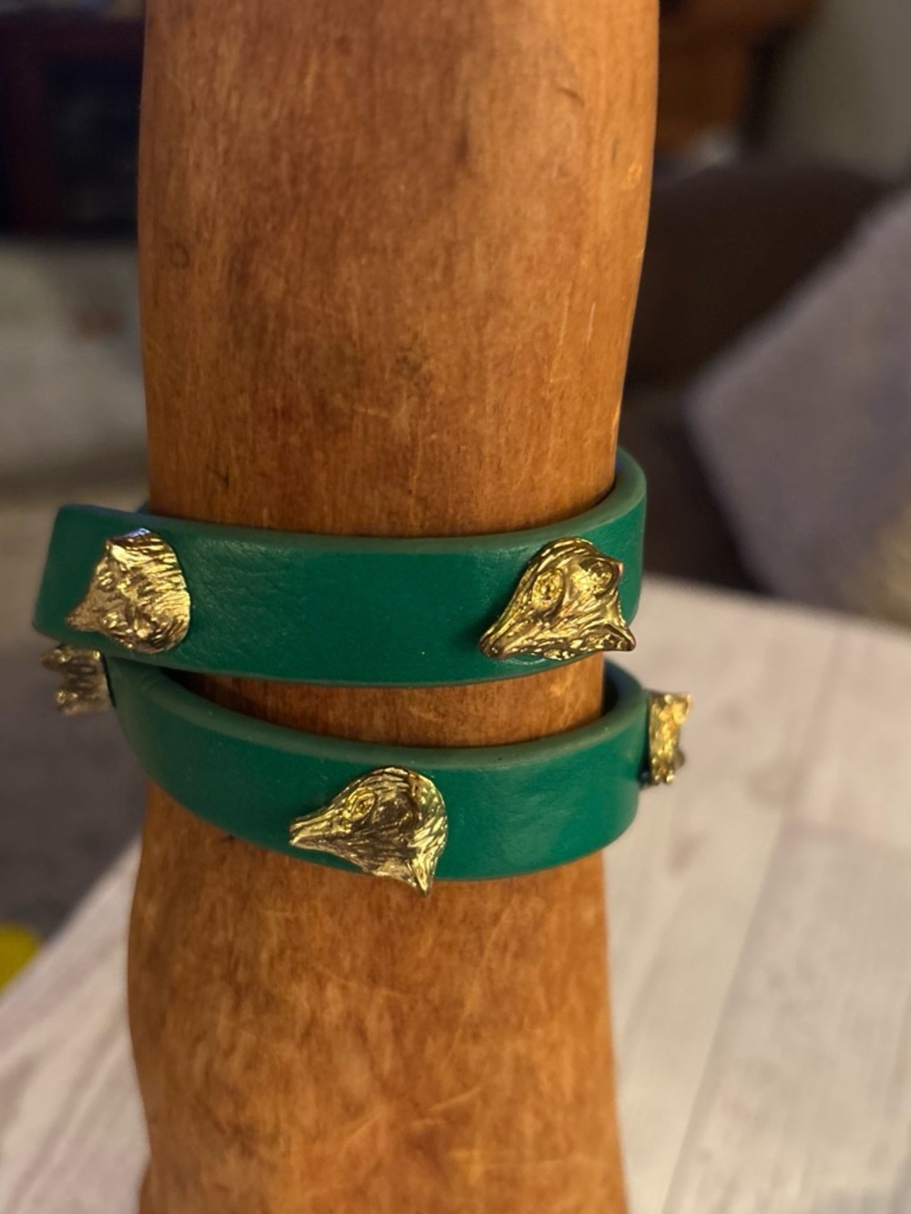 Emerald Green Double Wrap Bracelet with Gold Animal Head Accents